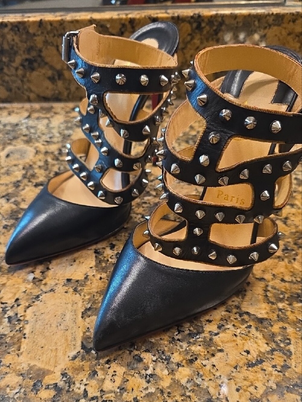 Christian Louboutin Black Leather Studded Strappy Pointed-Toe Pumps - Picture 13 of 15